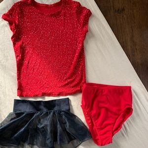 Girl's dance wear costume red black 3 piece set studded top skirt high briefs M